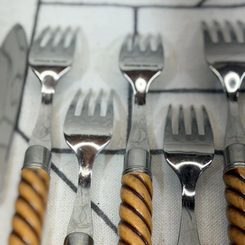 Flatware Set 20pc Brown Faux Wood Rope Twist Handle Stainless Service 4 no Brand